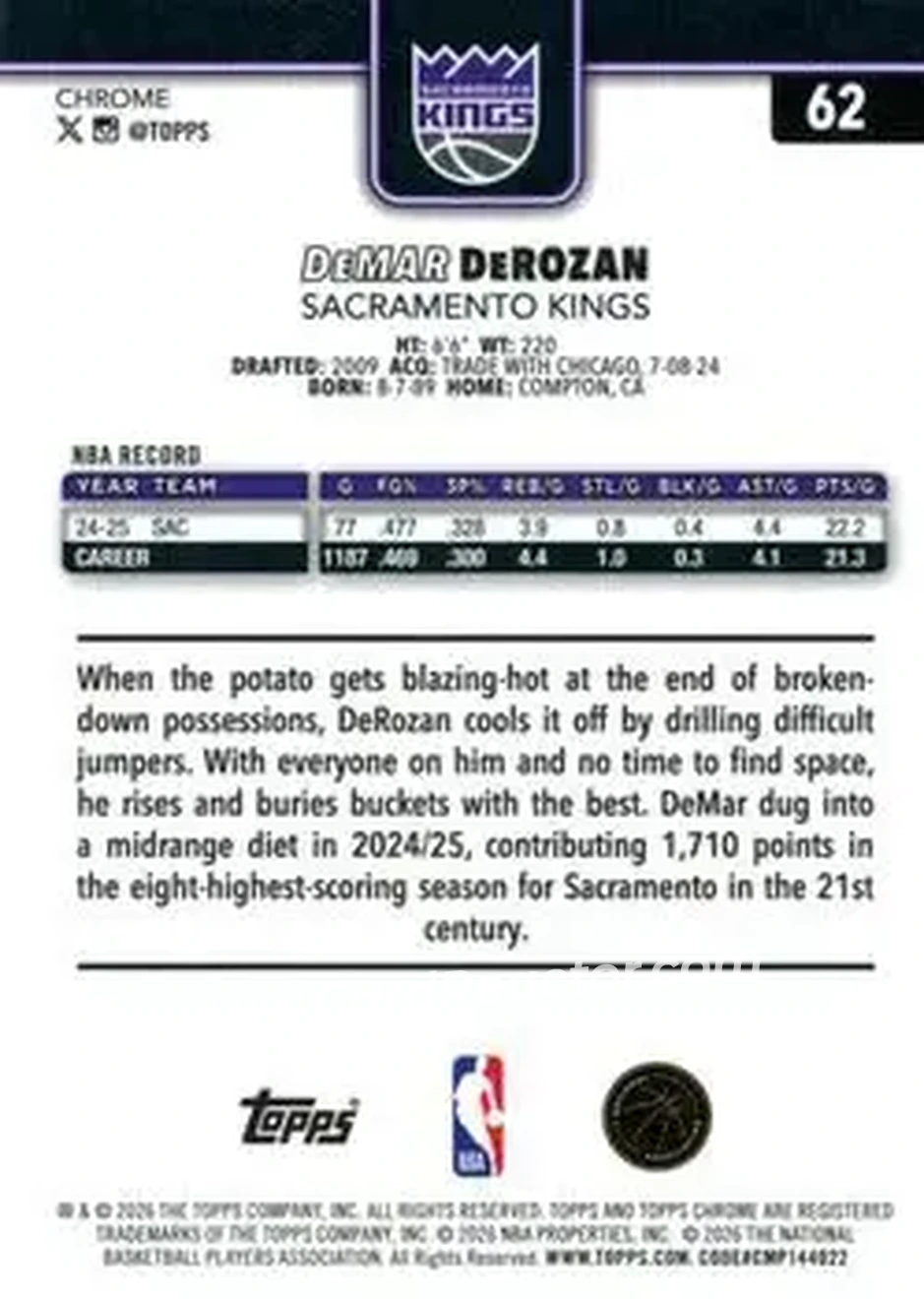 2025-26 Topps Chrome Update #62 - DeMar DeRozan - Sacramento Kings - Back