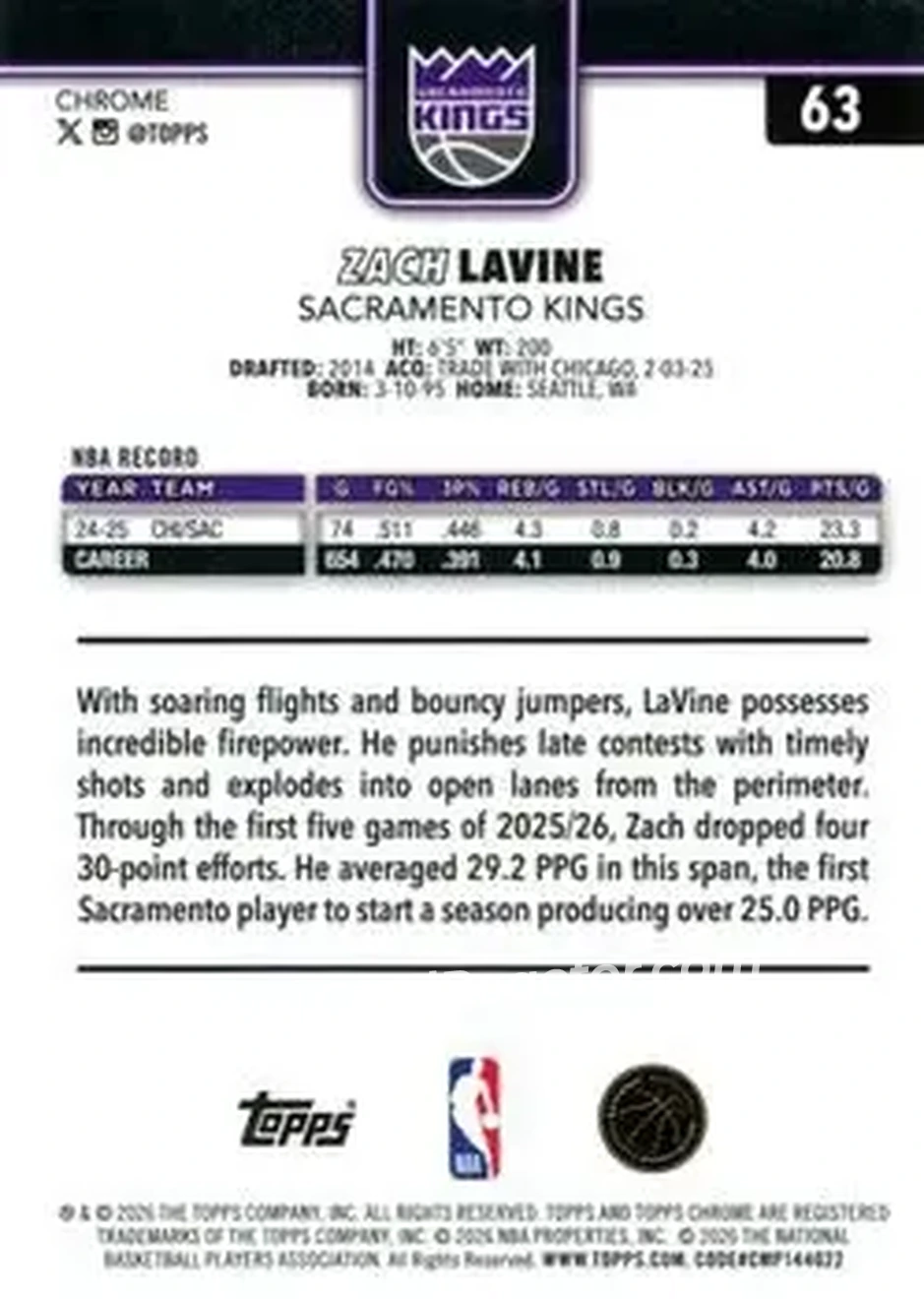 2025-26 Topps Chrome Update #63 - Zach LaVine - Sacramento Kings - Back 2025-26 Topps Chrome Update #63 - Zach LaVine - Sacramento Kings - Back