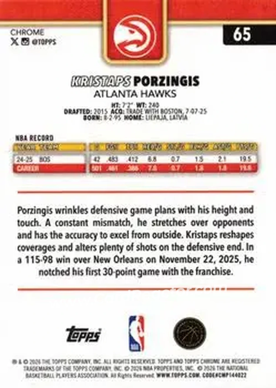 2025-26 Topps Chrome Update #65 - Kristaps Porziņģis - Atlanta Hawks - Back 2025-26 Topps Chrome Update #65 - Kristaps Porziņģis - Atlanta Hawks - Back