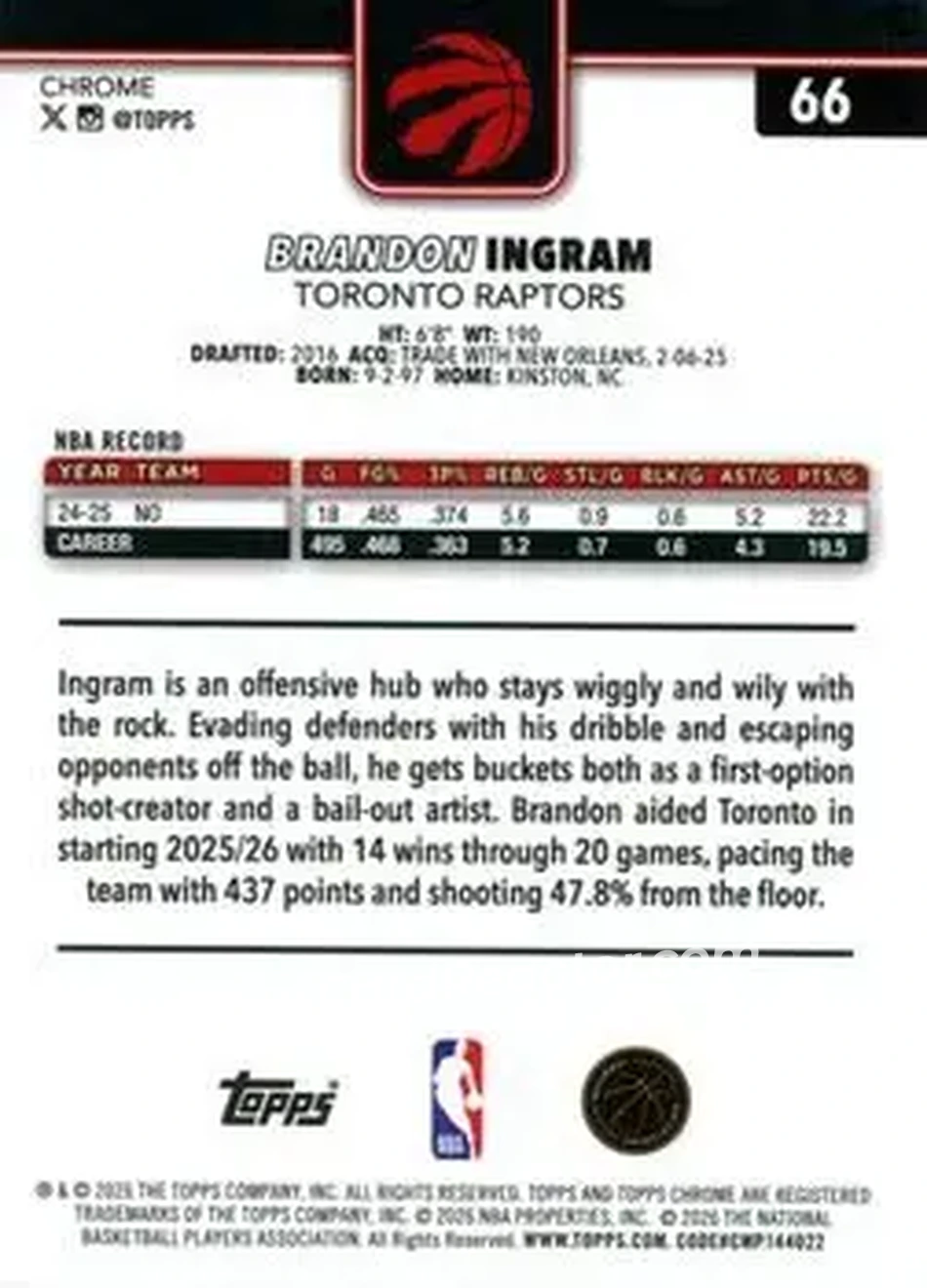 2025-26 Topps Chrome Update #66 - Brandon Ingram - Toronto Raptors - Back