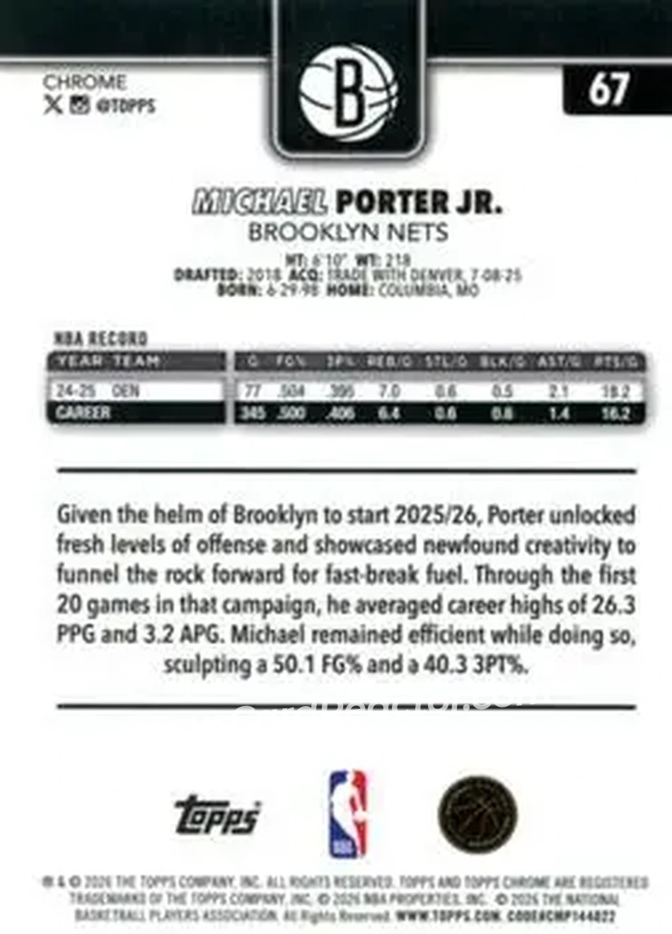 2025-26 Topps Chrome Update #67 - Michael Porter Jr. - Brooklyn Nets - Back