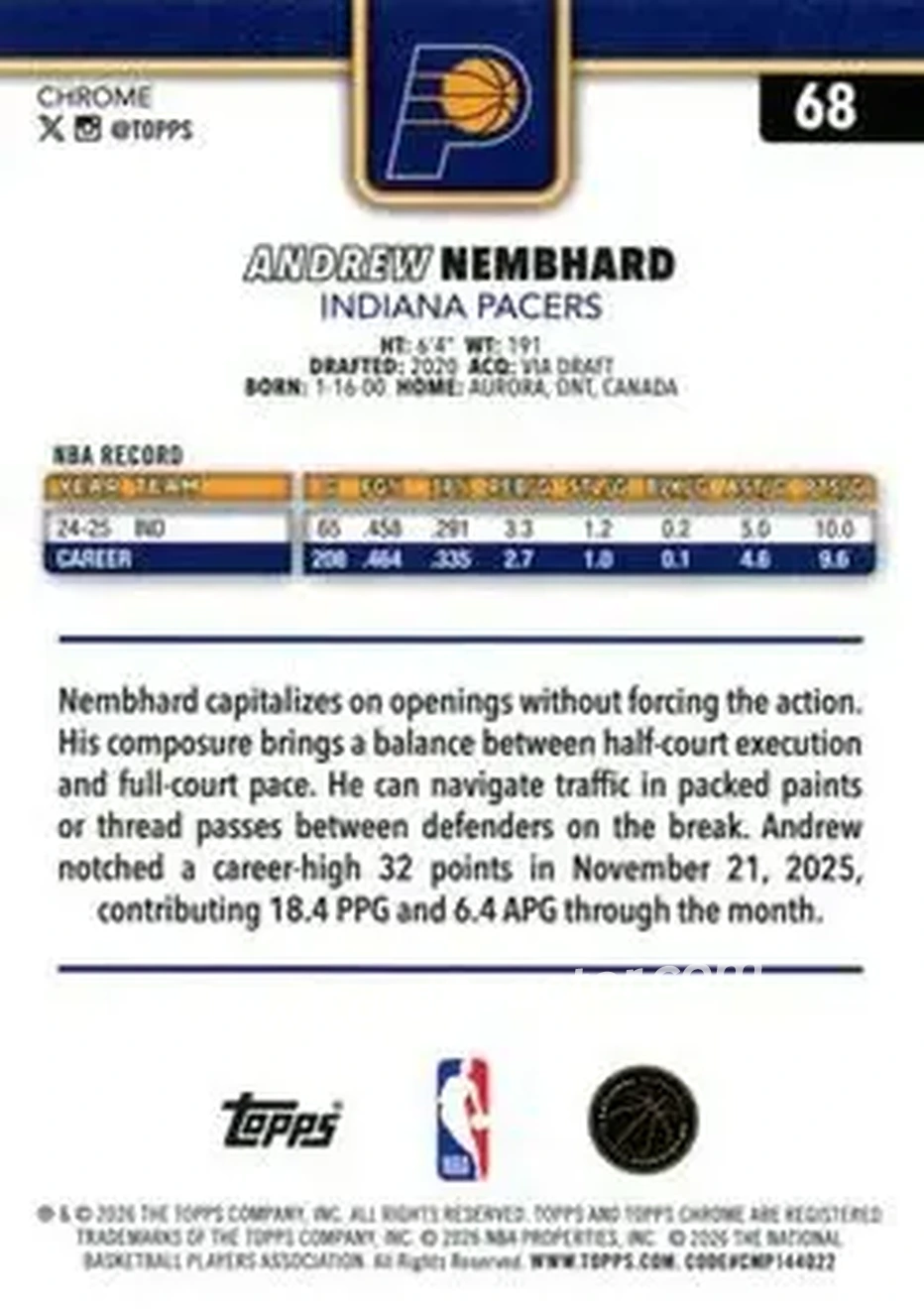 2025-26 Topps Chrome Update #68 - Andrew Nembhard - Indiana Pacers - Back