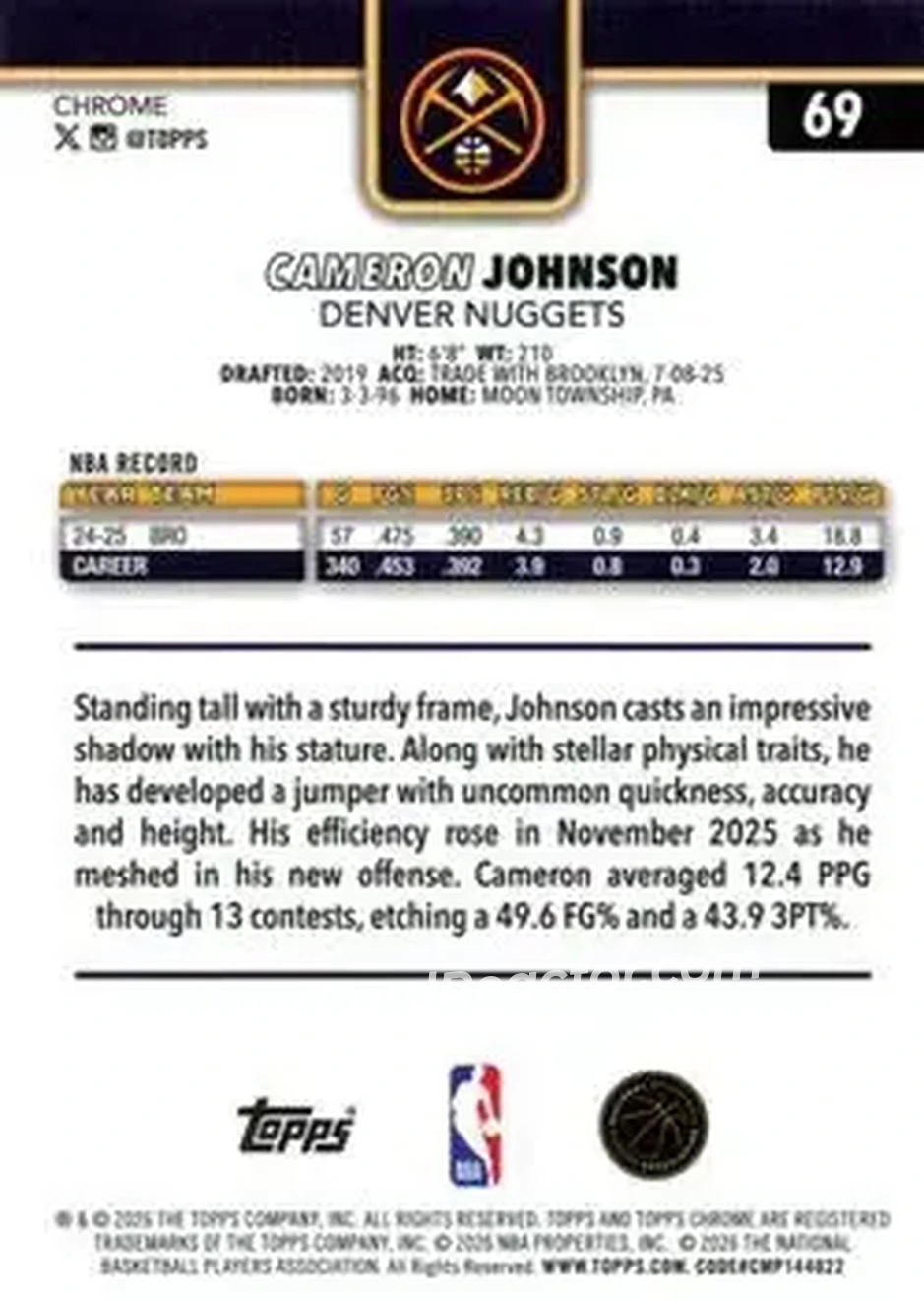 2025-26 Topps Chrome Update #69 - Cameron Johnson - Denver Nuggets - Back
