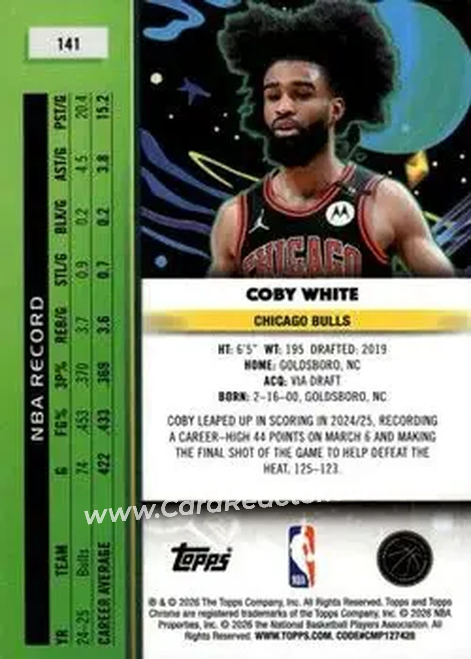 2025-26 Topps Chrome Cosmic #141 - Coby White - Chicago Bulls - Back 2025-26 Topps Chrome Cosmic #141 - Coby White - Chicago Bulls - Back