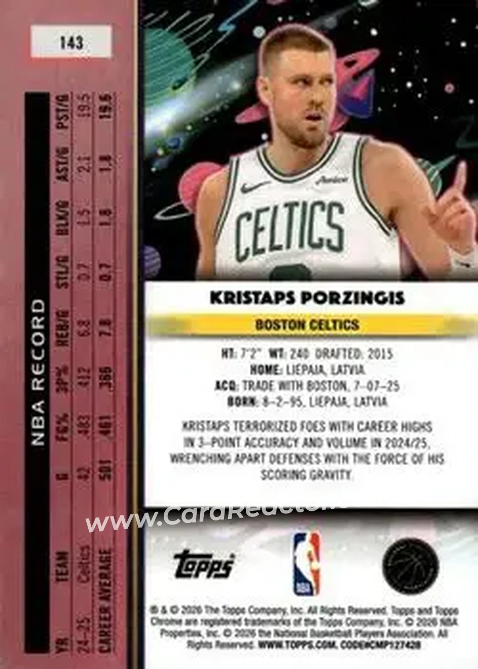 2025-26 Topps Chrome Cosmic #143 - Kristaps Porziņģis - Boston Celtics - Back 2025-26 Topps Chrome Cosmic #143 - Kristaps Porziņģis - Boston Celtics - Back