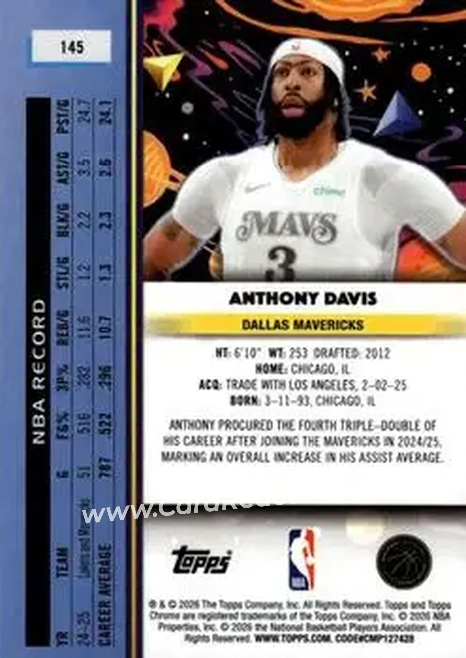 2025-26 Topps Chrome Cosmic #145 - Anthony Davis - Dallas Mavericks - Back 2025-26 Topps Chrome Cosmic #145 - Anthony Davis - Dallas Mavericks - Back