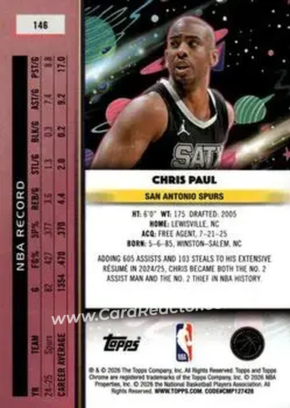 2025-26 Topps Chrome Cosmic #146 - Chris Paul - San Antonio Spurs - Back 2025-26 Topps Chrome Cosmic #146 - Chris Paul - San Antonio Spurs - Back