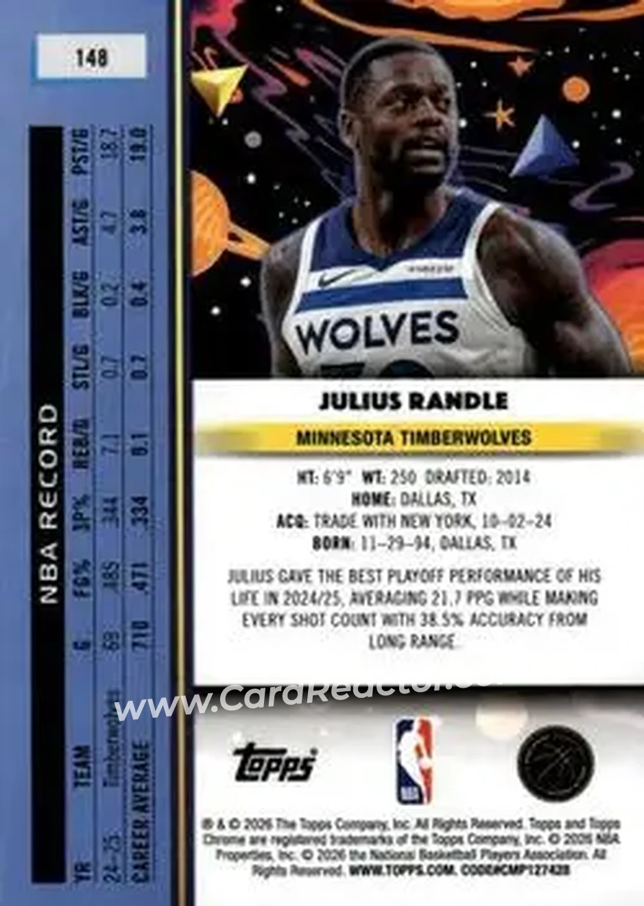 2025-26 Topps Chrome Cosmic #148 - Julius Randle - Minnesota Timberwolves - Back