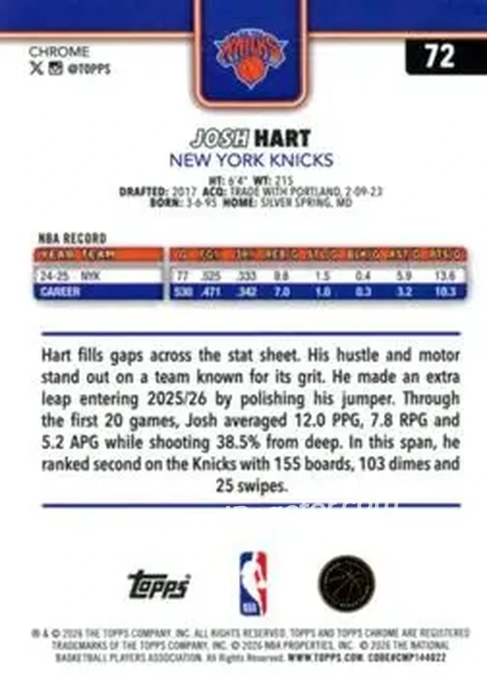 2025-26 Topps Chrome Update #72 - Josh Hart - New York Knicks - Back 2025-26 Topps Chrome Update #72 - Josh Hart - New York Knicks - Back