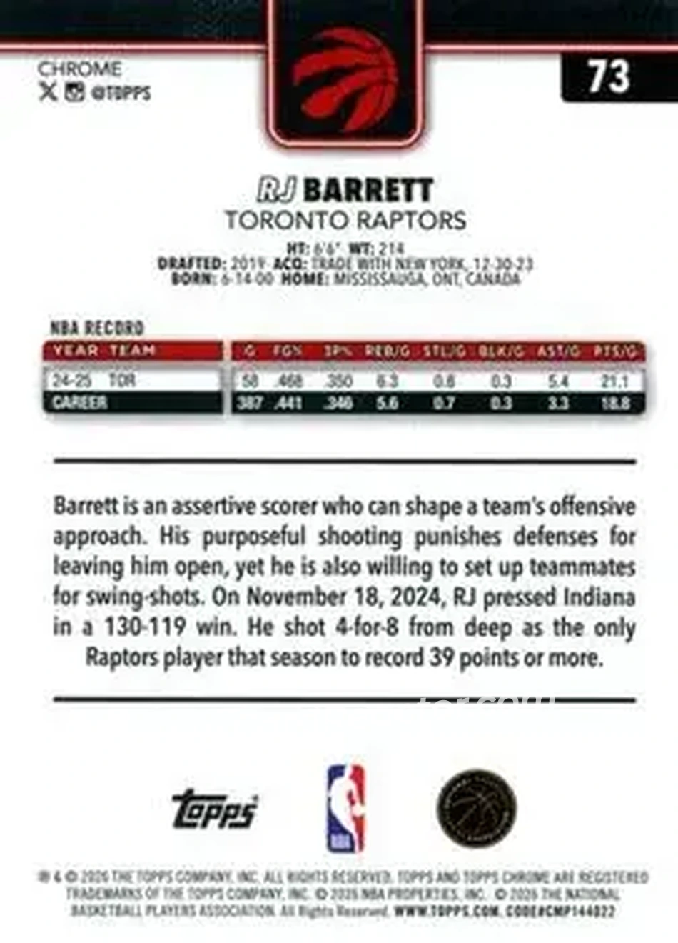 2025-26 Topps Chrome Update #73 - RJ Barrett - Toronto Raptors - Back 2025-26 Topps Chrome Update #73 - RJ Barrett - Toronto Raptors - Back