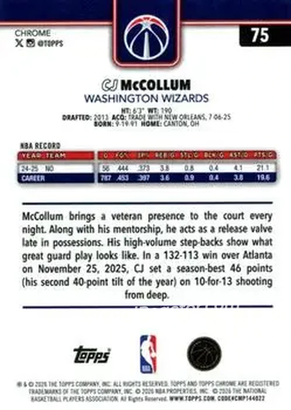 2025-26 Topps Chrome Update #75 - CJ McCollum - Washington Wizards - Back