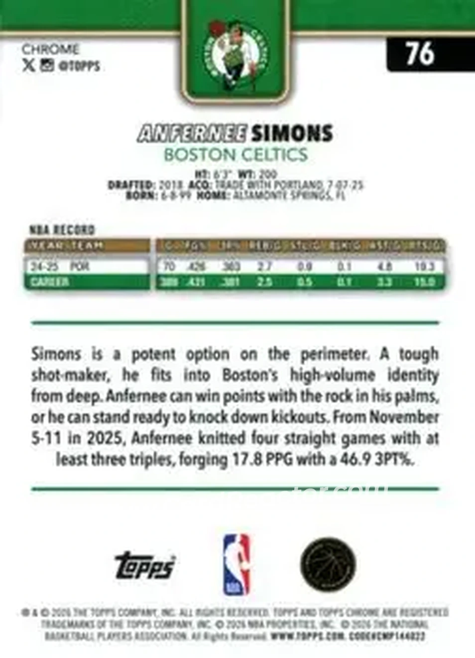 2025-26 Topps Chrome Update #76 - Anfernee Simons - Boston Celtics - Back