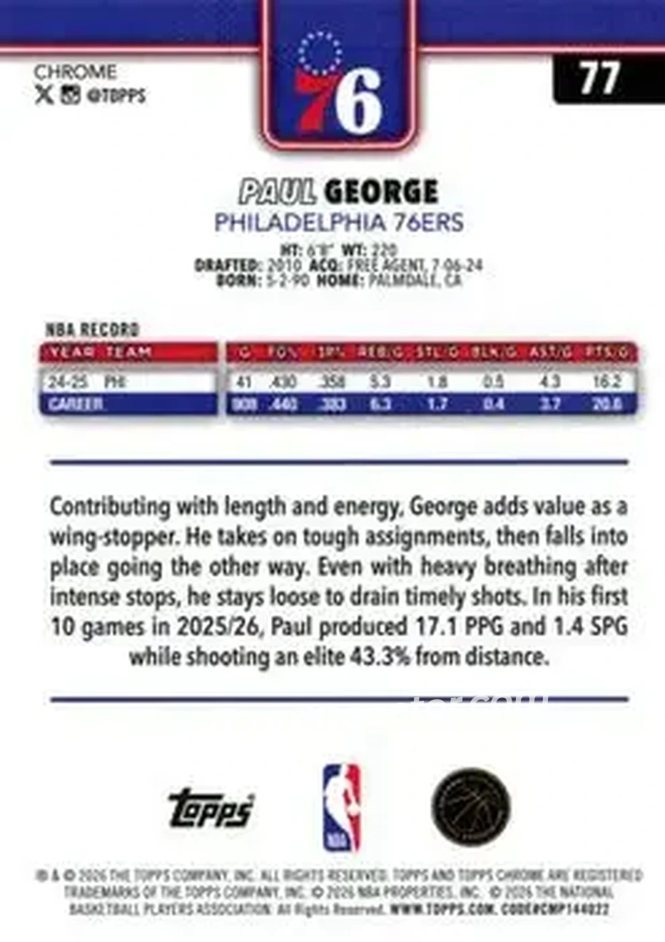 2025-26 Topps Chrome Update #77 - Paul George - Philadelphia 76ers - Back 2025-26 Topps Chrome Update #77 - Paul George - Philadelphia 76ers - Back