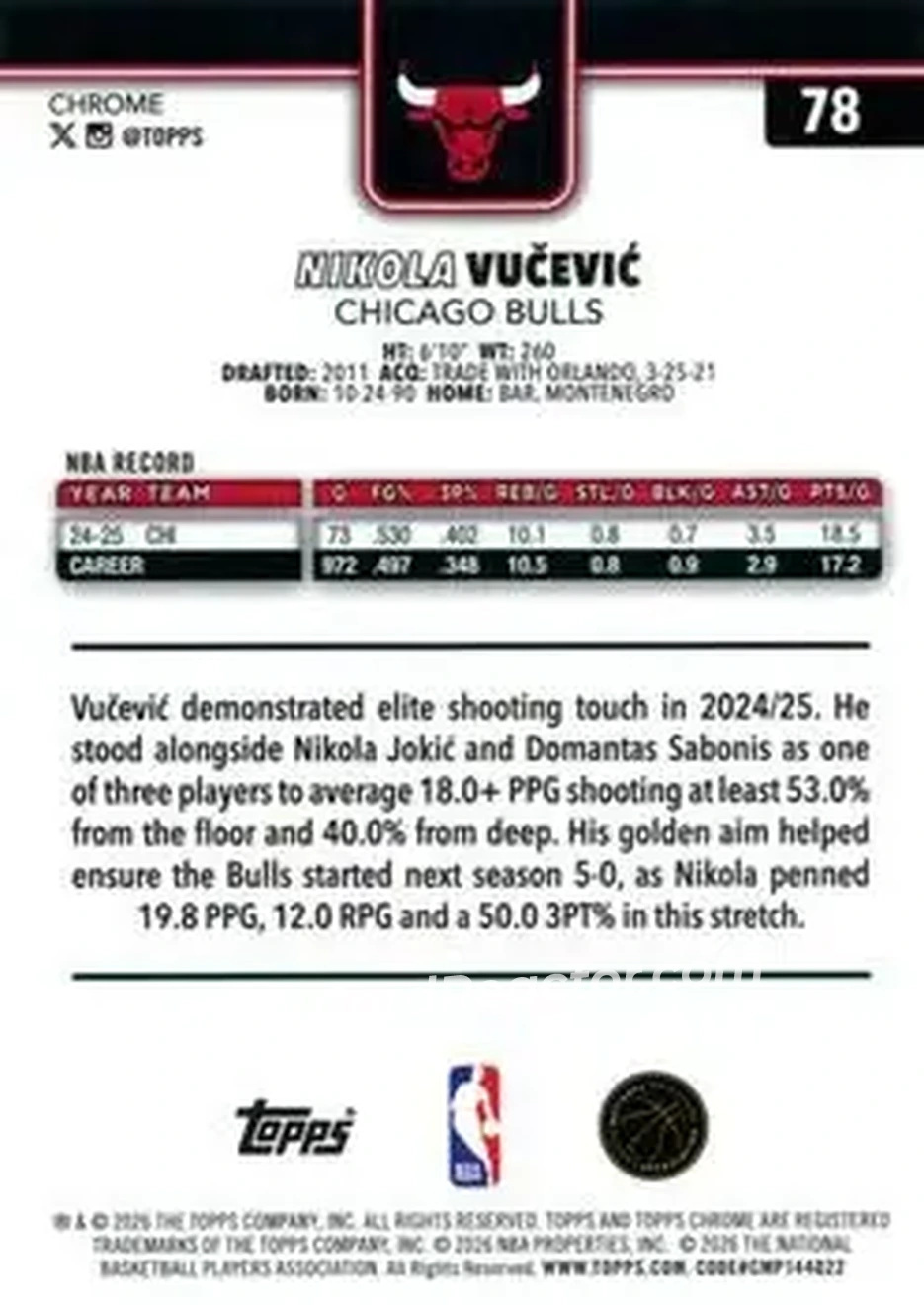 2025-26 Topps Chrome Update #78 - Nikola Vučević - Chicago Bulls - Back