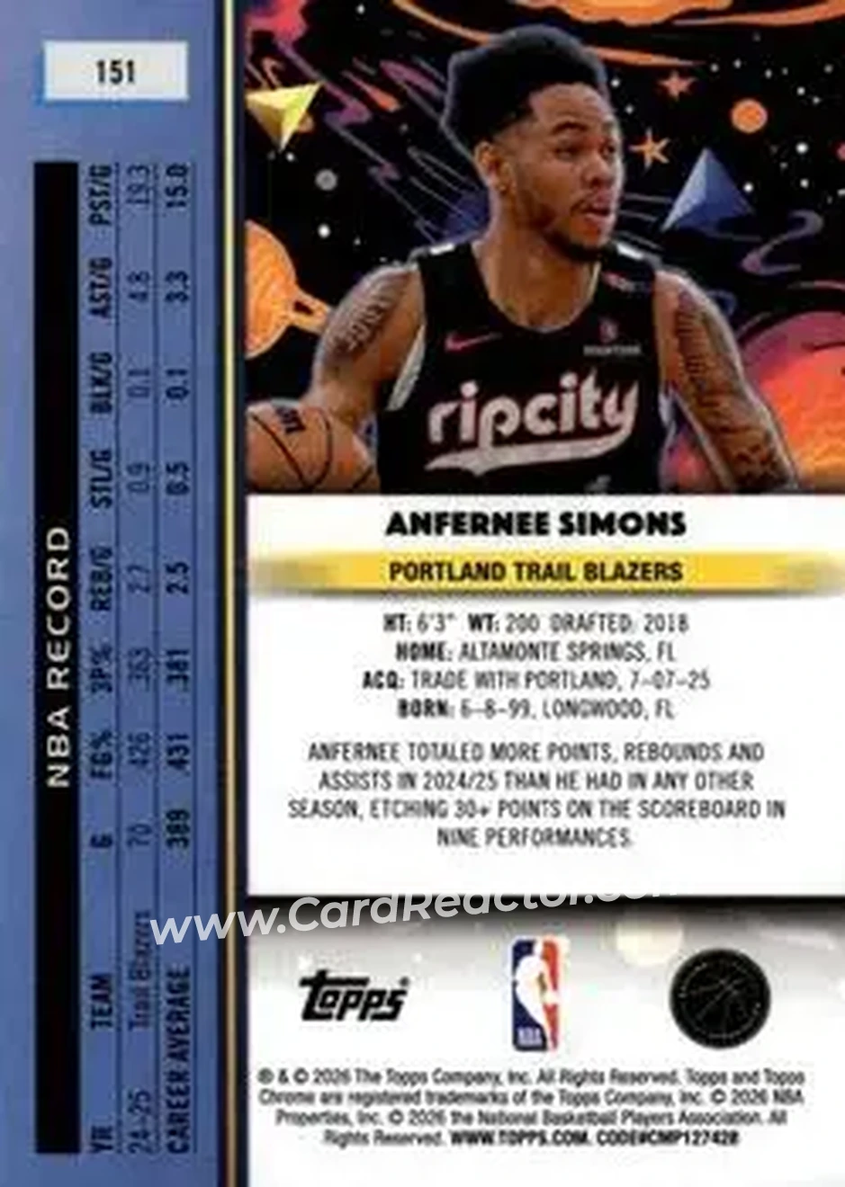 2025-26 Topps Chrome Cosmic #151 - Anfernee Simons - Portland Trail Blazers - Back 2025-26 Topps Chrome Cosmic #151 - Anfernee Simons - Portland Trail Blazers - Back