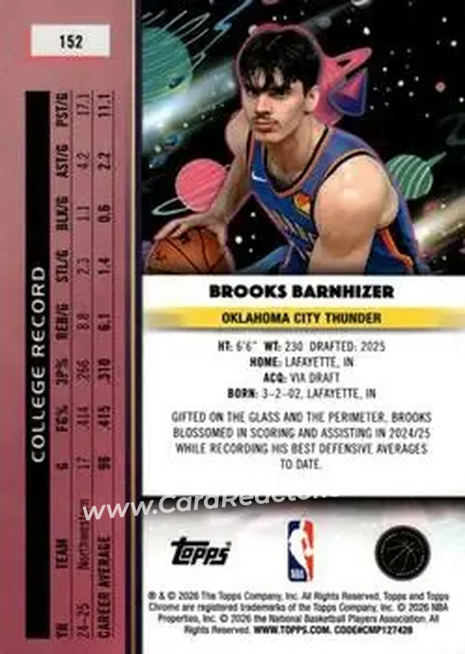 2025-26 Topps Chrome Cosmic #152 - Brooks Barnhizer - Oklahoma City Thunder - Back 2025-26 Topps Chrome Cosmic #152 - Brooks Barnhizer - Oklahoma City Thunder - Back