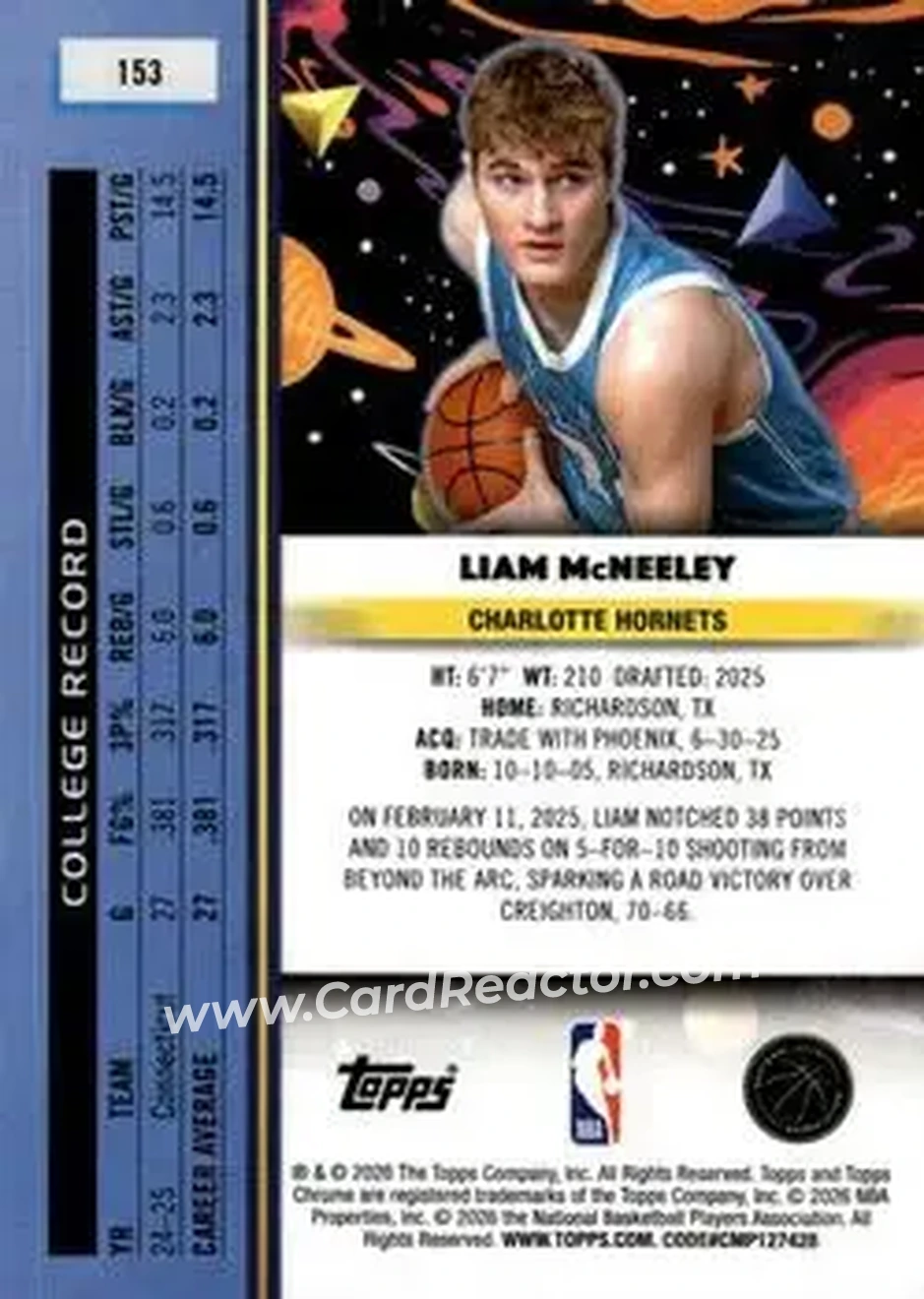 2025-26 Topps Chrome Cosmic #153 - Liam McNeeley - Charlotte Hornets - Back