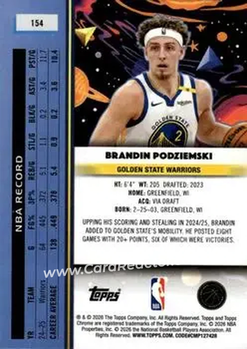 2025-26 Topps Chrome Cosmic #154 - Brandin Podziemski - Golden State Warriors - Back 2025-26 Topps Chrome Cosmic #154 - Brandin Podziemski - Golden State Warriors - Back
