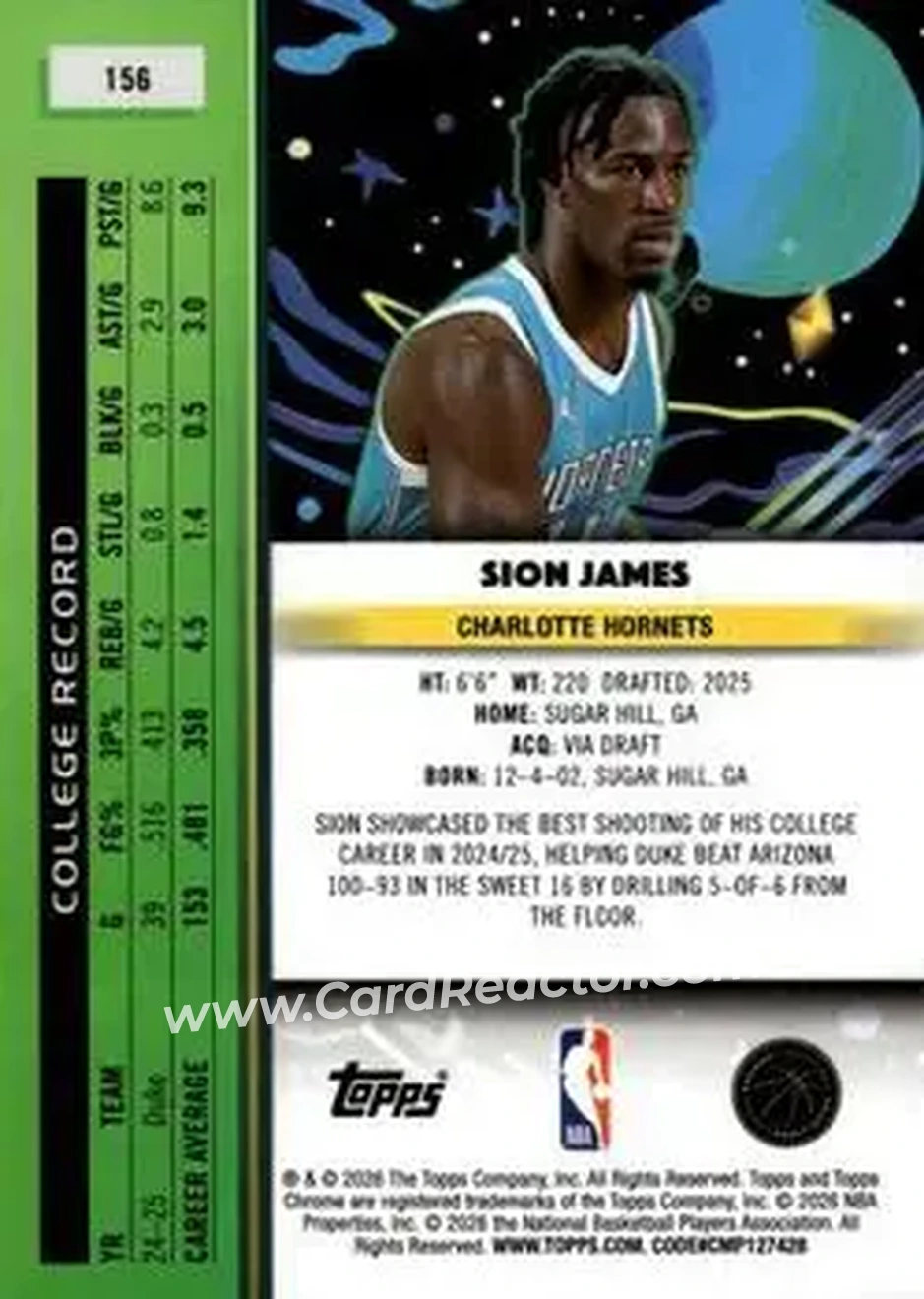 2025-26 Topps Chrome Cosmic #156 - Sion James - Charlotte Hornets - Back