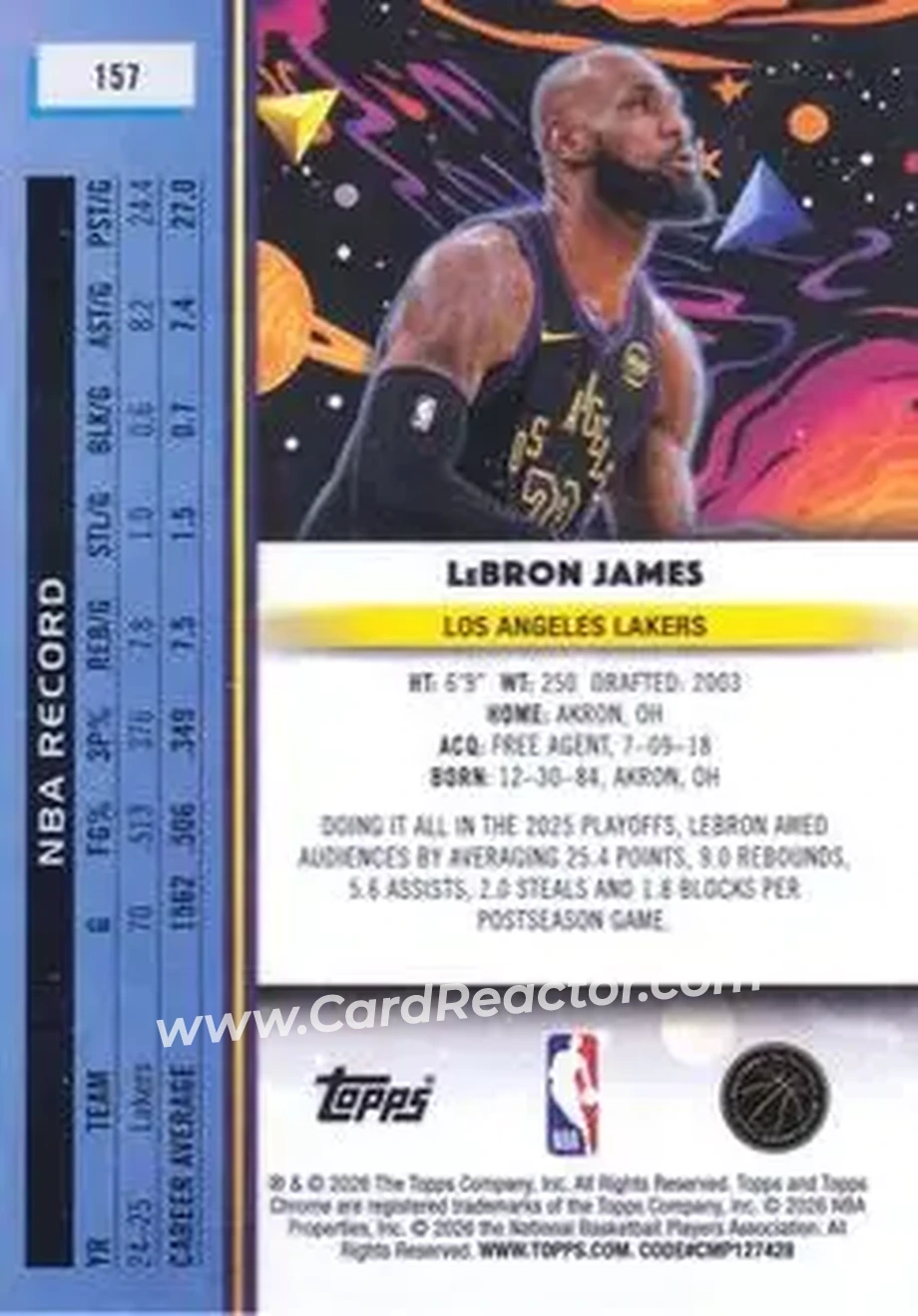 2025-26 Topps Chrome Cosmic #157 - LeBron James - Los Angeles Lakers - Back