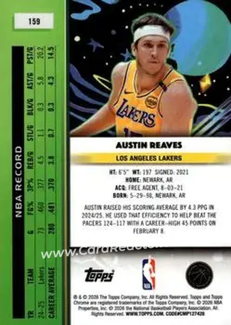 2025-26 Topps Chrome Cosmic #159 - Austin Reaves - Los Angeles Lakers - Back 2025-26 Topps Chrome Cosmic #159 - Austin Reaves - Los Angeles Lakers - Back