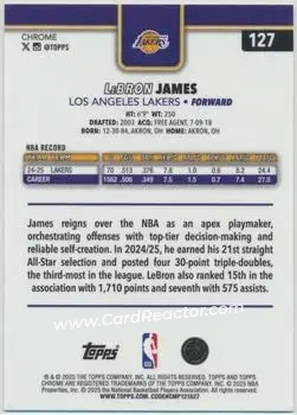 2025-26 Topps Chrome Sapphire Edition #127 - LeBron James - Los Angeles Lakers - Back
