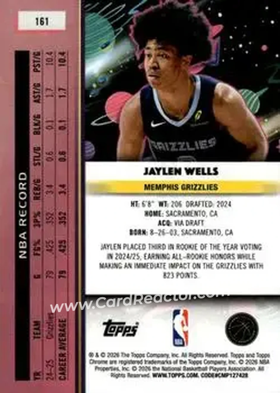 2025-26 Topps Chrome Cosmic #161 - Jaylen Wells - Memphis Grizzlies - Back 2025-26 Topps Chrome Cosmic #161 - Jaylen Wells - Memphis Grizzlies - Back