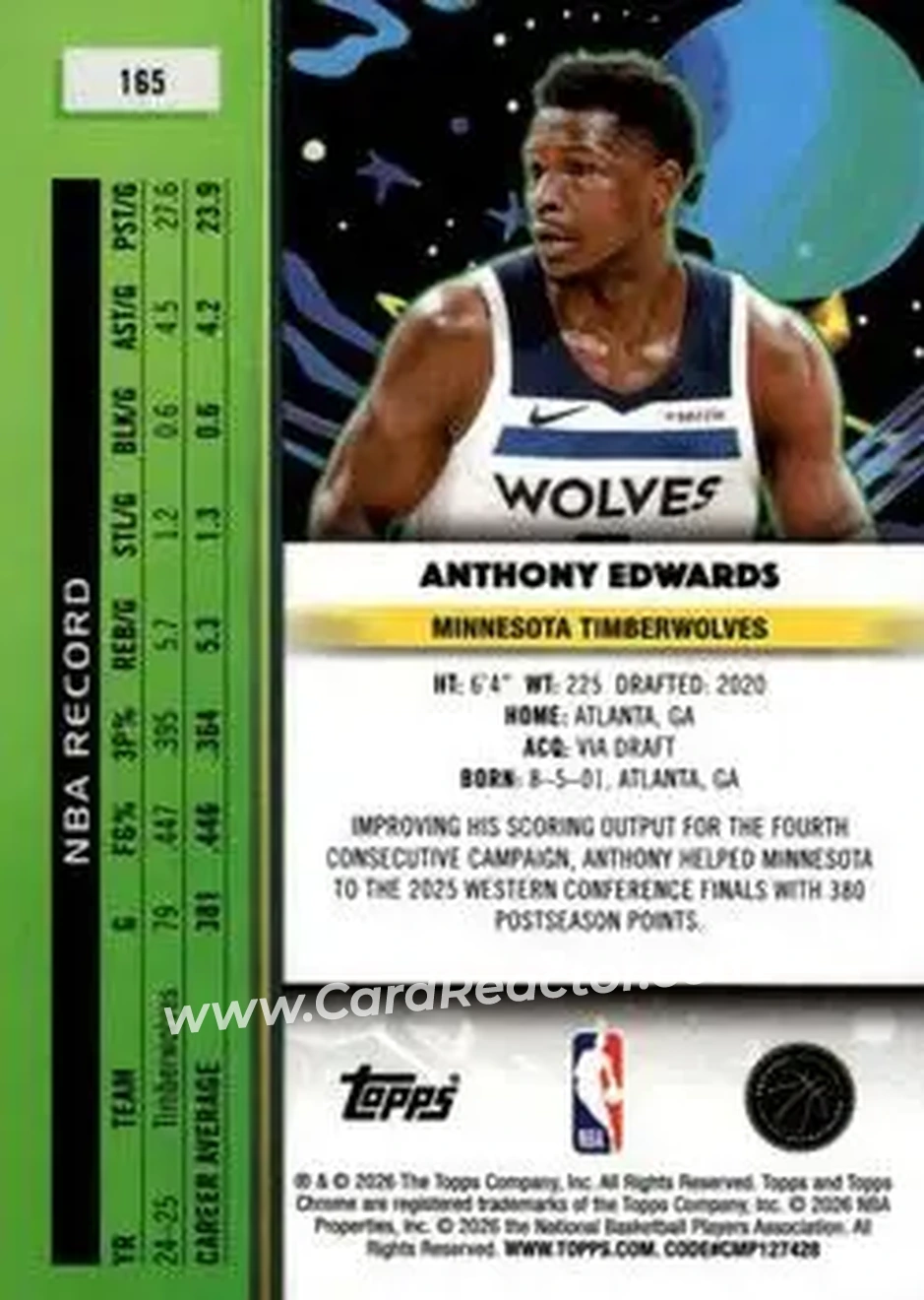 2025-26 Topps Chrome Cosmic #165 - Anthony Edwards - Minnesota Timberwolves - Back