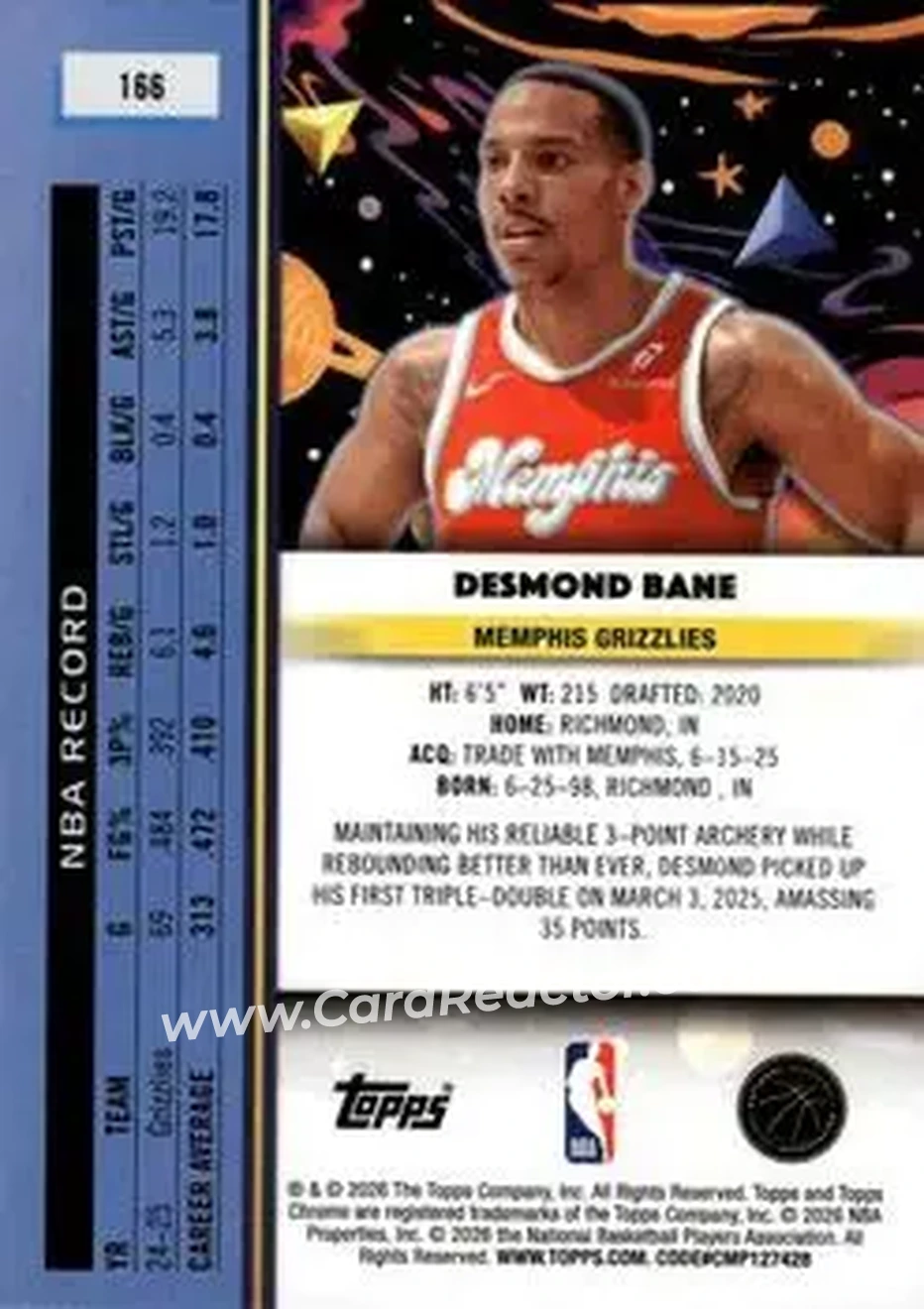 2025-26 Topps Chrome Cosmic #166 - Desmond Bane - Memphis Grizzlies - Back 2025-26 Topps Chrome Cosmic #166 - Desmond Bane - Memphis Grizzlies - Back