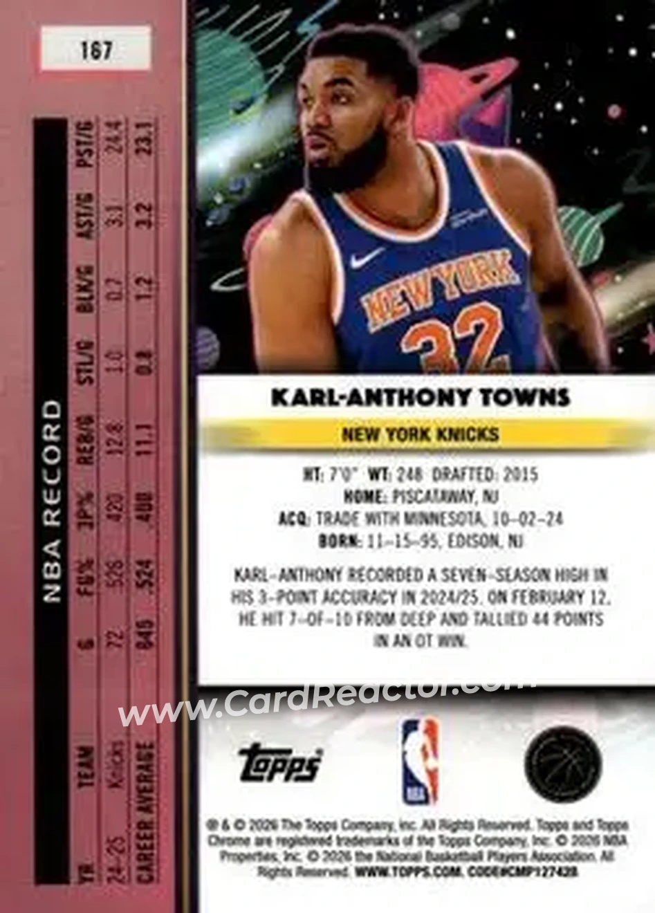 2025-26 Topps Chrome Cosmic #167 - Karl-Anthony Towns - New York Knicks - Back 2025-26 Topps Chrome Cosmic #167 - Karl-Anthony Towns - New York Knicks - Back