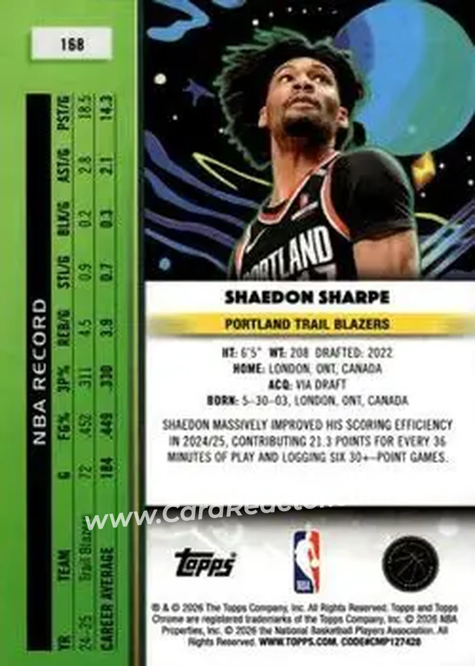 2025-26 Topps Chrome Cosmic #168 - Shaedon Sharpe - Portland Trail Blazers - Back 2025-26 Topps Chrome Cosmic #168 - Shaedon Sharpe - Portland Trail Blazers - Back