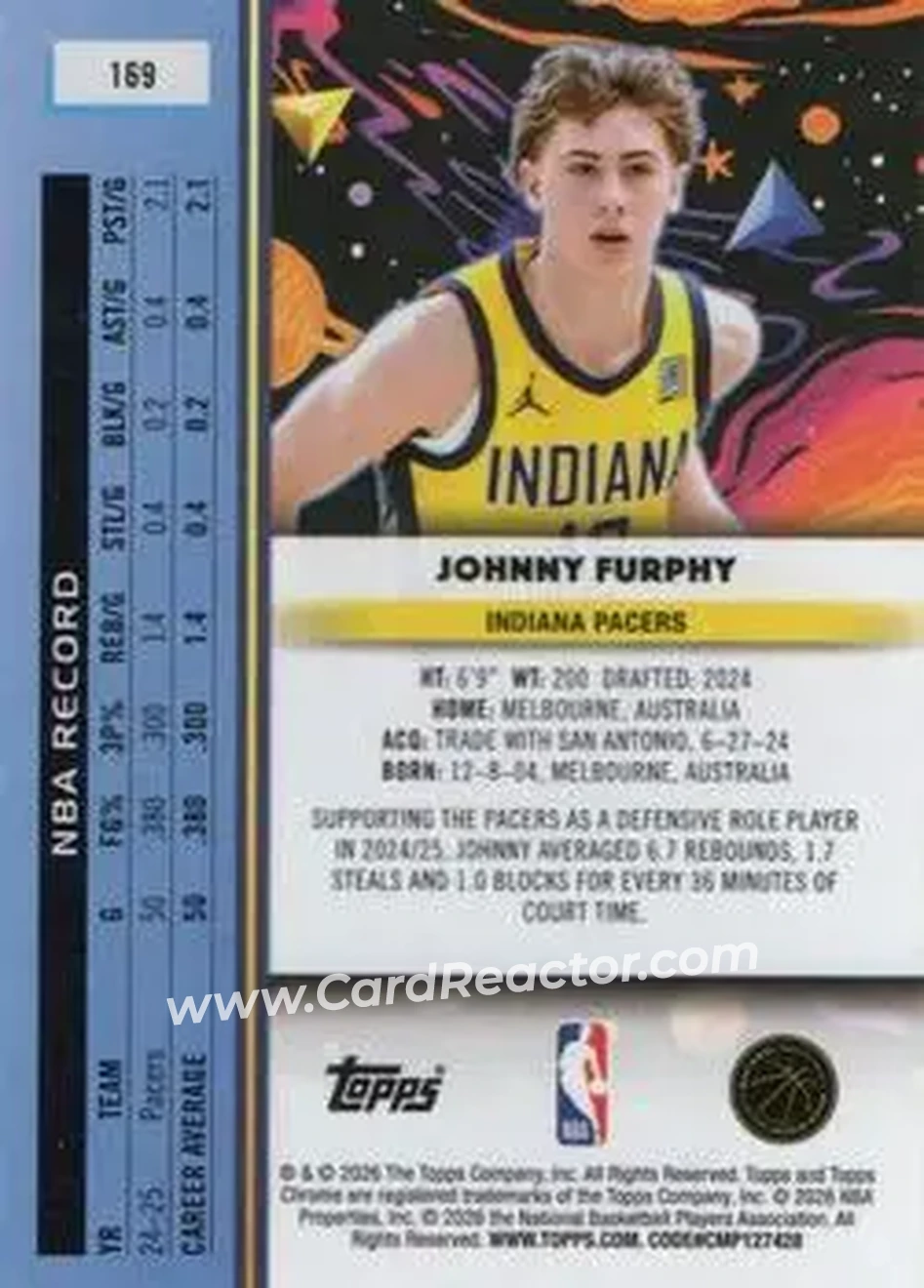 2025-26 Topps Chrome Cosmic #169 - Johnny Furphy - Indiana Pacers - Back