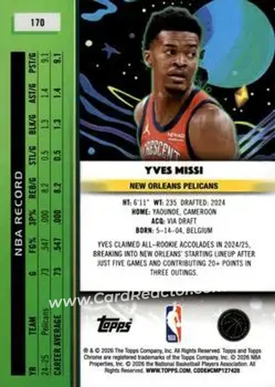 2025-26 Topps Chrome Cosmic #170 - Yves Missi - New Orleans Pelicans - Back 2025-26 Topps Chrome Cosmic #170 - Yves Missi - New Orleans Pelicans - Back