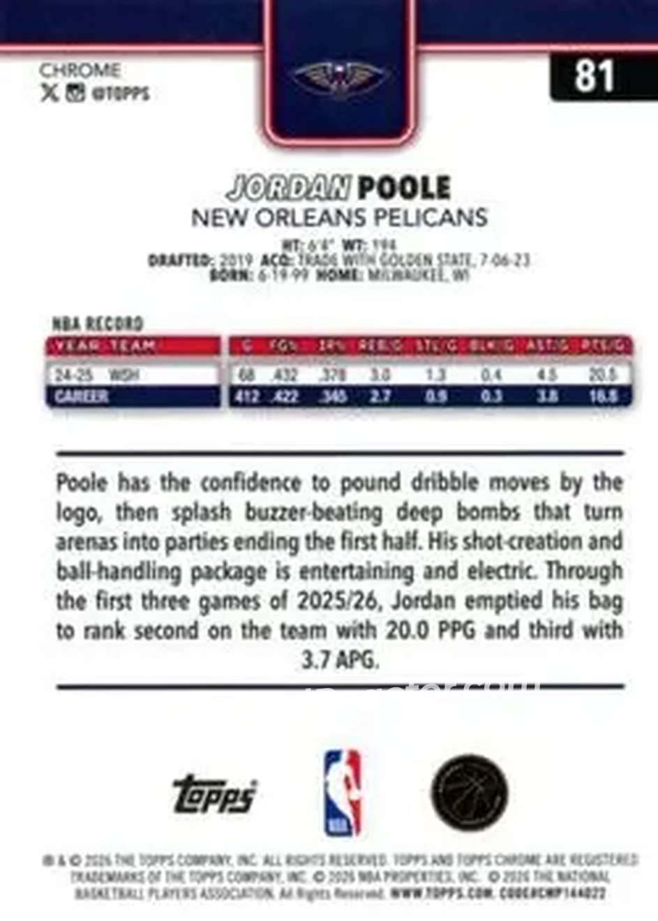 2025-26 Topps Chrome Update #81 - Jordan Poole - New Orleans Pelicans - Back 2025-26 Topps Chrome Update #81 - Jordan Poole - New Orleans Pelicans - Back