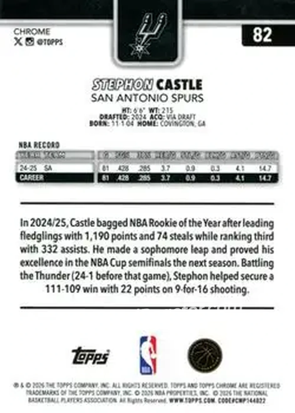 2025-26 Topps Chrome Update #82 - Stephon Castle - San Antonio Spurs - Back