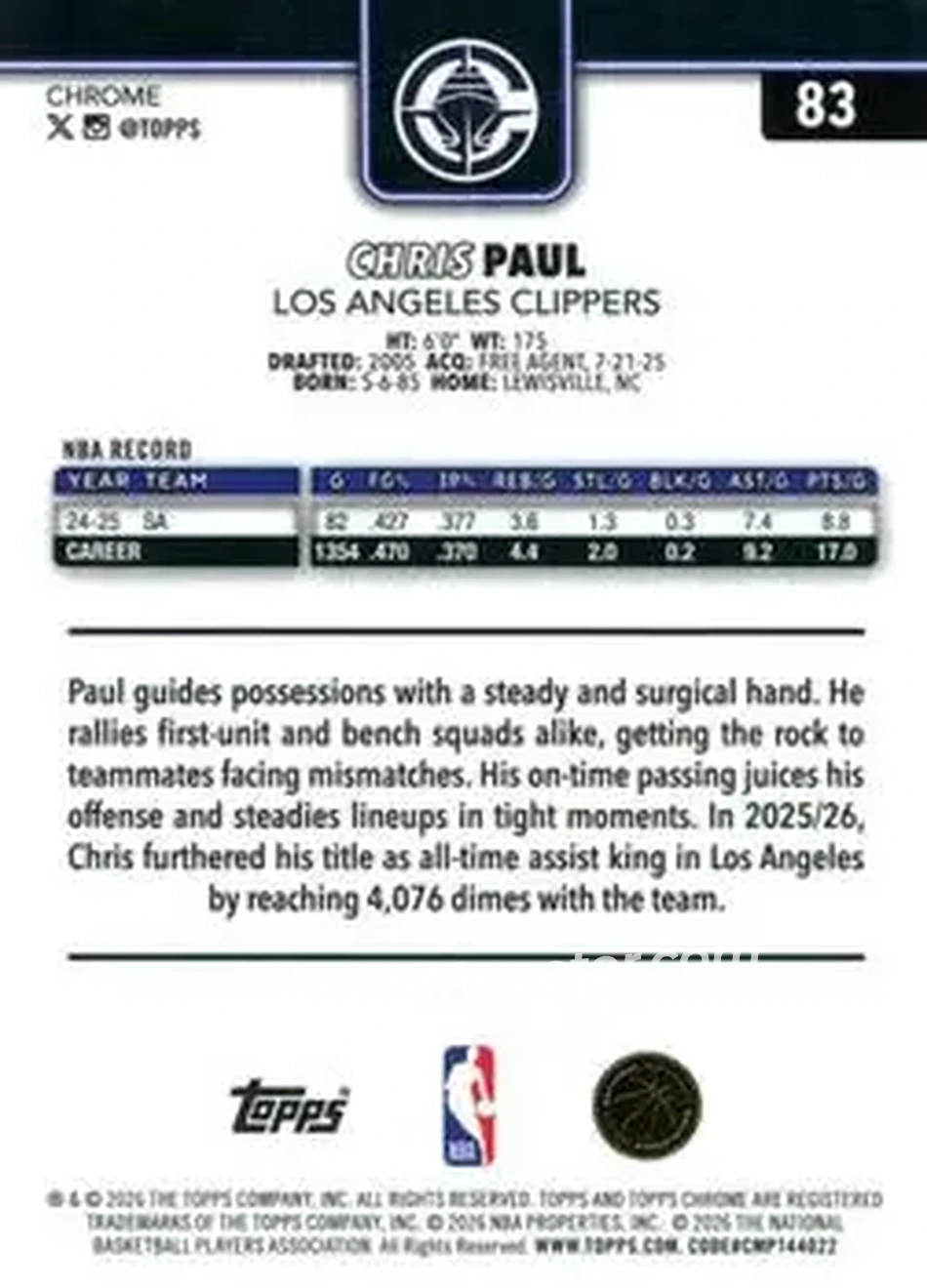 2025-26 Topps Chrome Update #83 - Chris Paul - Los Angeles Clippers - Back 2025-26 Topps Chrome Update #83 - Chris Paul - Los Angeles Clippers - Back