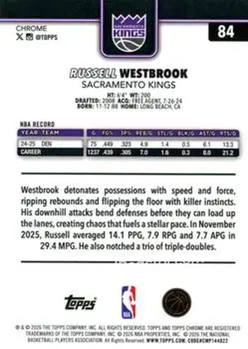 2025-26 Topps Chrome Update #84 - Russell Westbrook - Sacramento Kings - Back