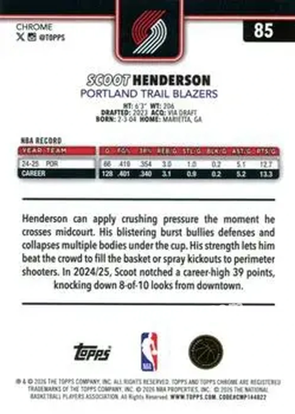 2025-26 Topps Chrome Update #85 - Scoot Henderson - Portland Trail Blazers - Back 2025-26 Topps Chrome Update #85 - Scoot Henderson - Portland Trail Blazers - Back