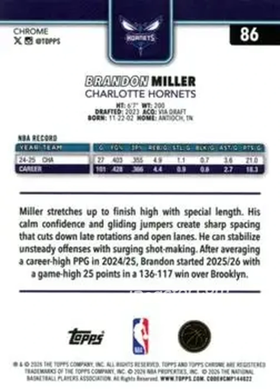 2025-26 Topps Chrome Update #86 - Brandon Miller - Charlotte Hornets - Back 2025-26 Topps Chrome Update #86 - Brandon Miller - Charlotte Hornets - Back