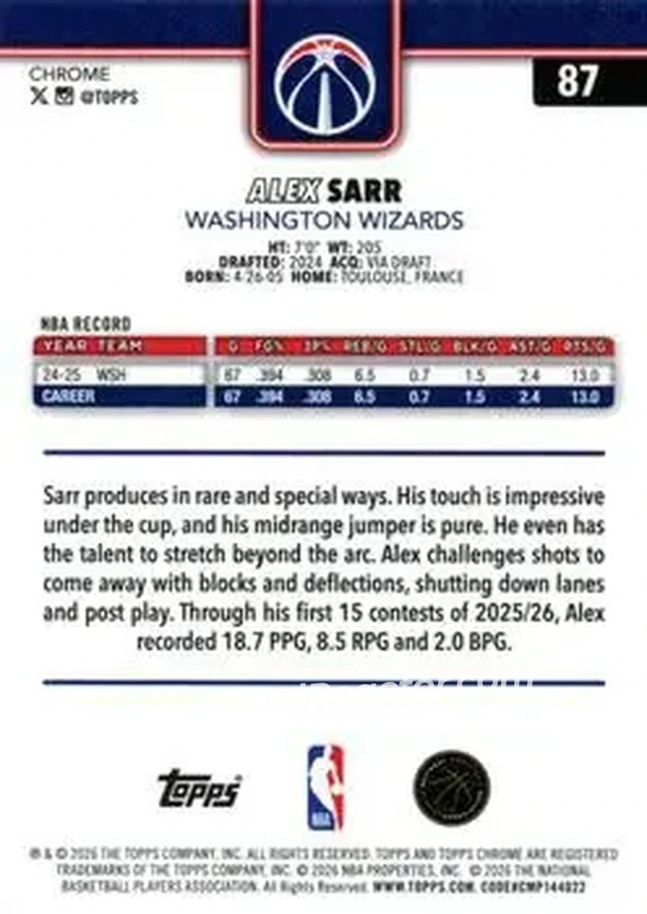 2025-26 Topps Chrome Update #87 - Alex Sarr - Washington Wizards - Back