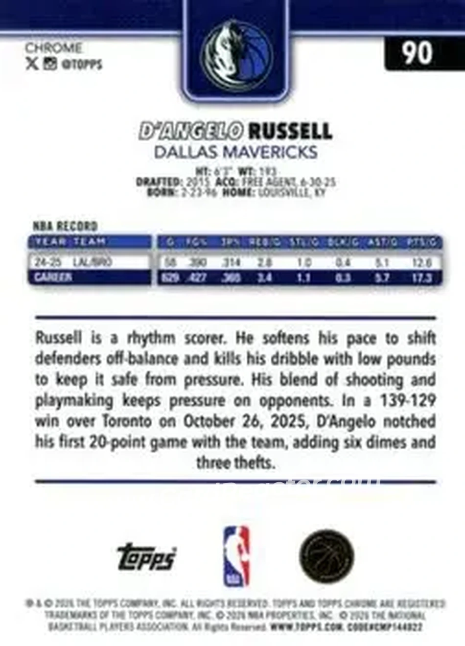 2025-26 Topps Chrome Update #90 - D'Angelo Russell - Dallas Mavericks - Back