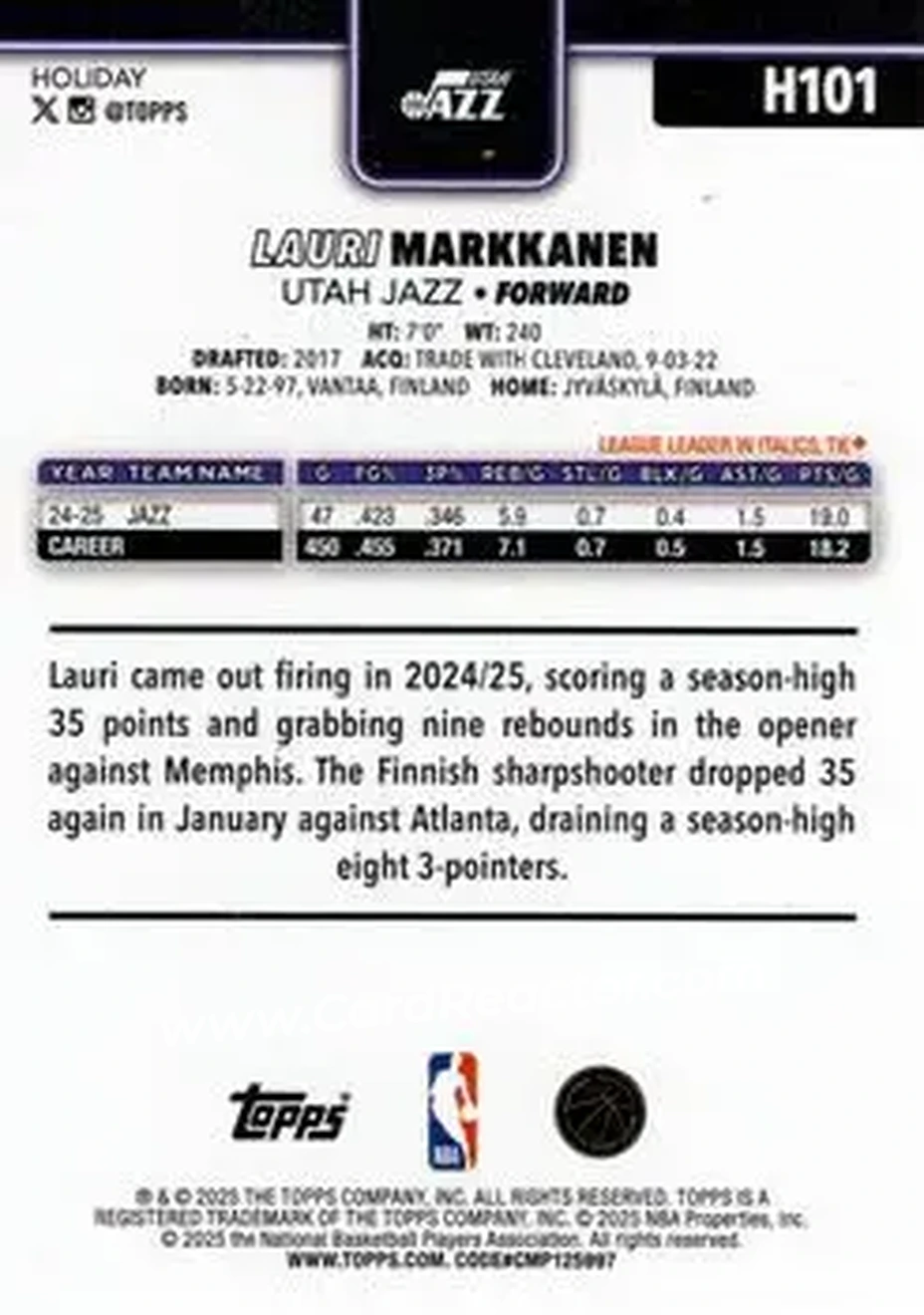 2025-26 Topps Holiday #H101 - Lauri Markkanen - Utah Jazz - Back 2025-26 Topps Holiday #H101 - Lauri Markkanen - Utah Jazz - Back