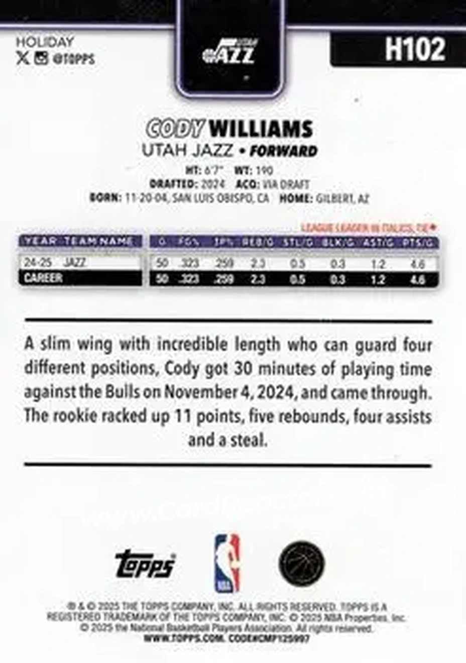 2025-26 Topps Holiday #H102 - Cody Williams - Utah Jazz - Back