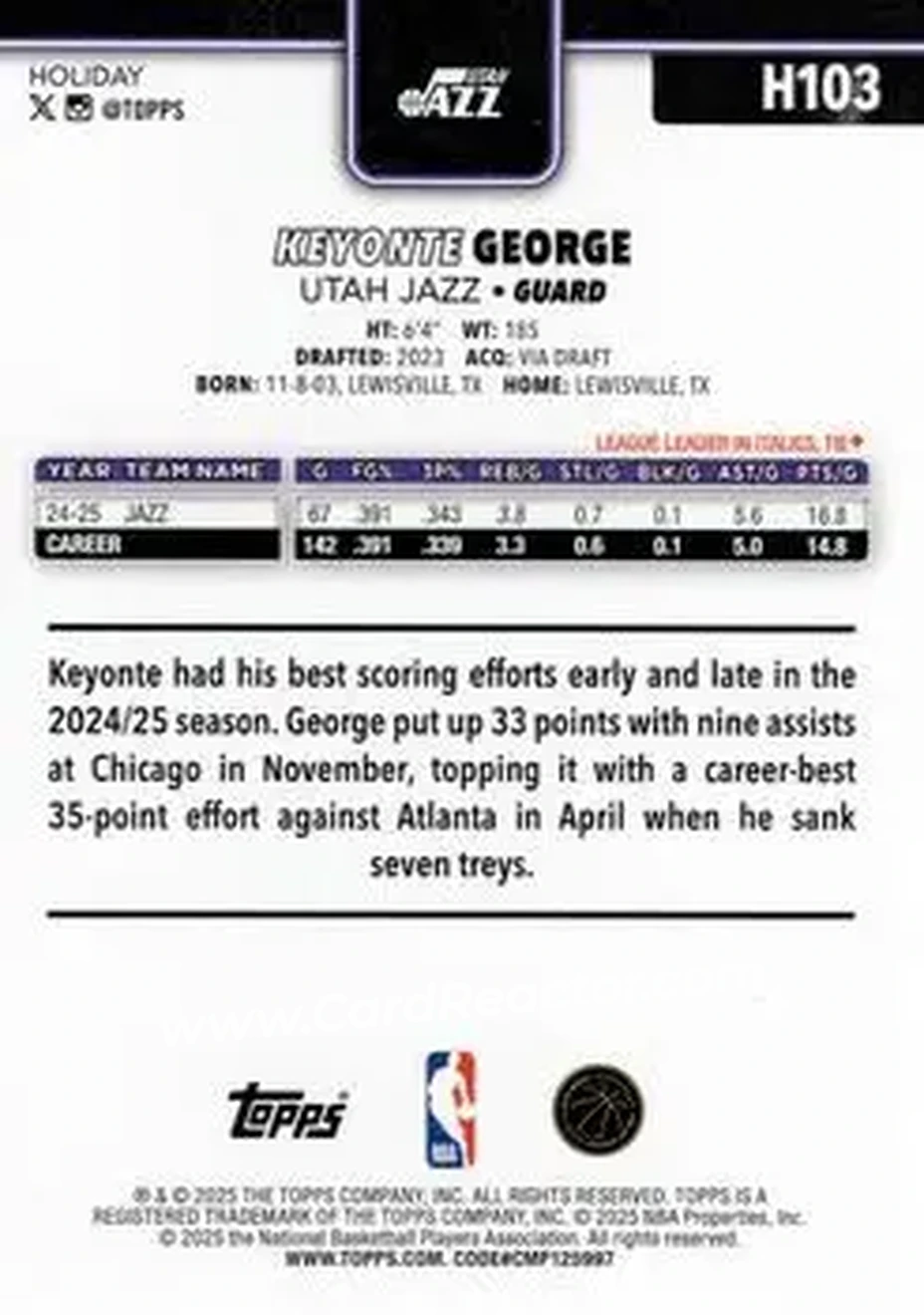 2025-26 Topps Holiday #H103 - Keyonte George - Utah Jazz - Back
