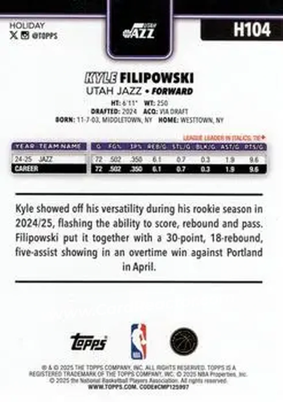 2025-26 Topps Holiday #H104 - Kyle Filipowski - Utah Jazz - Back 2025-26 Topps Holiday #H104 - Kyle Filipowski - Utah Jazz - Back