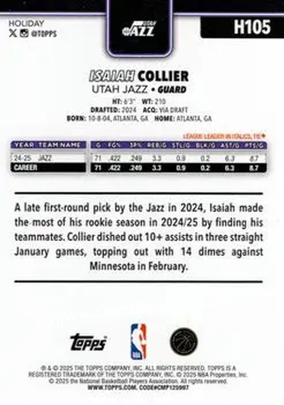 2025-26 Topps Holiday #H105 - Isaiah Collier - Utah Jazz - Back
