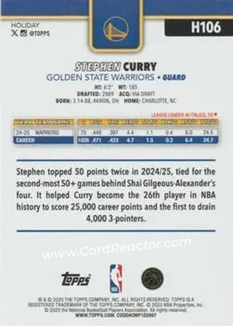 2025-26 Topps Holiday #H106 - Stephen Curry - Golden State Warriors - Back
