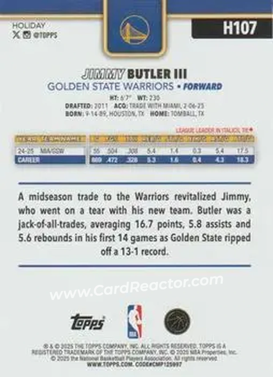 2025-26 Topps Holiday #H107 - Jimmy Butler - Golden State Warriors - Back 2025-26 Topps Holiday #H107 - Jimmy Butler - Golden State Warriors - Back