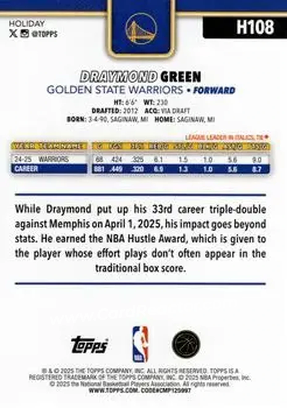 2025-26 Topps Holiday #H108 - Draymond Green - Golden State Warriors - Back 2025-26 Topps Holiday #H108 - Draymond Green - Golden State Warriors - Back