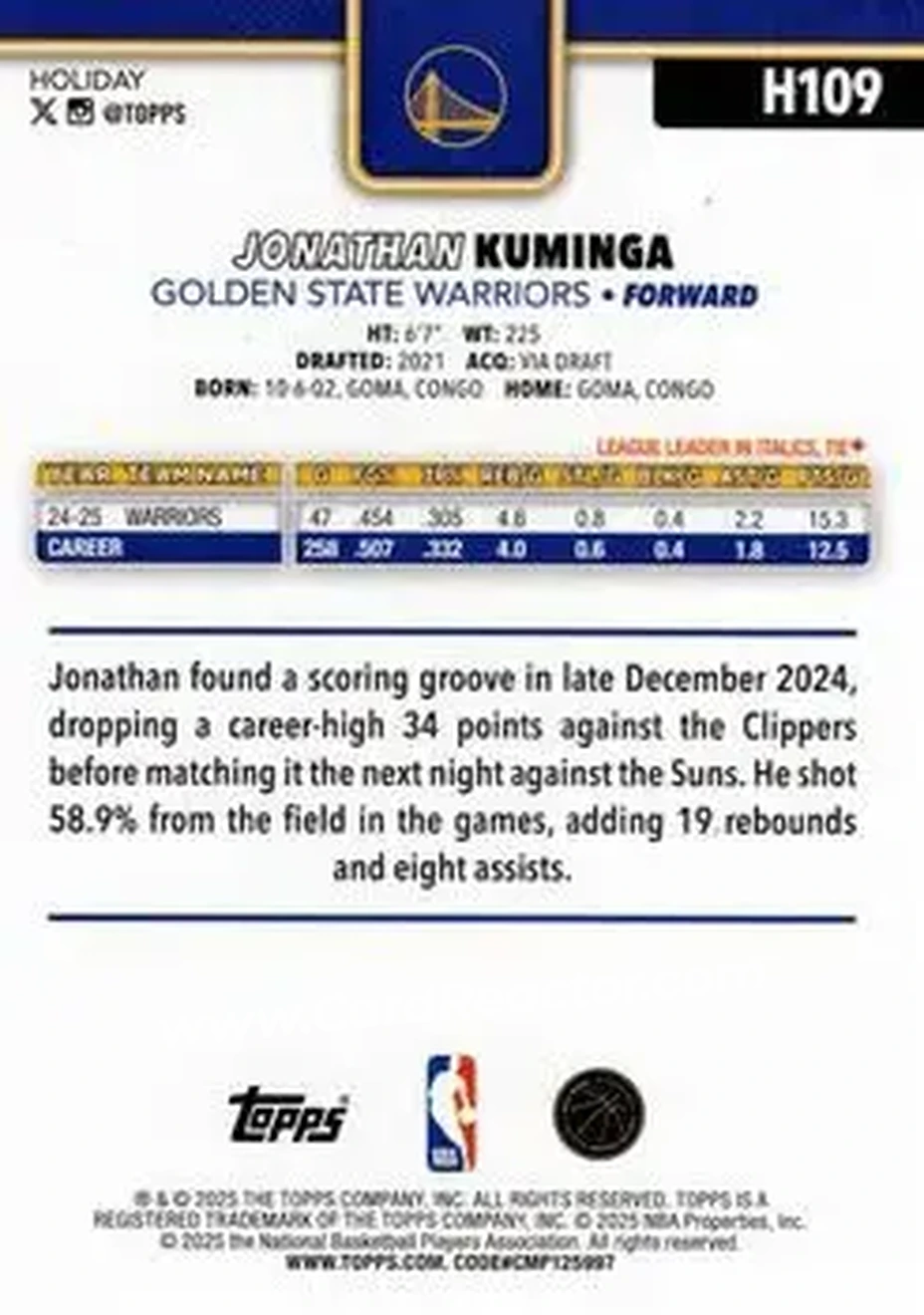 2025-26 Topps Holiday #H109 - Jonathan Kuminga - Golden State Warriors - Back 2025-26 Topps Holiday #H109 - Jonathan Kuminga - Golden State Warriors - Back
